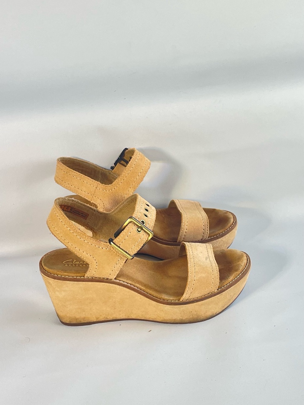 Clarks Women's Beige Suede Wedge Sandals with Buckle Accent
